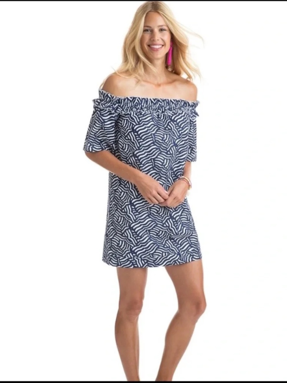 Vineyard Vines Navy & White Off the shoulder mini dress with ruffle collar Small